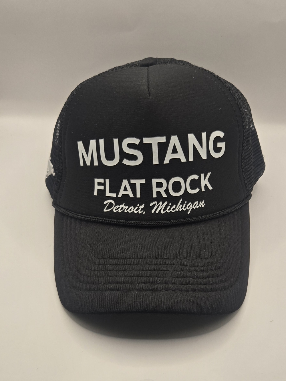 Vintage Style Ford Mustang Flat Rock Detroit Michigan Black Mesh Trucker Hat.